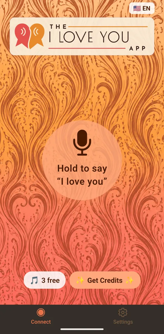The app’s main screen: a round button reading Hold to say I love you, on an orange swirl pattern.